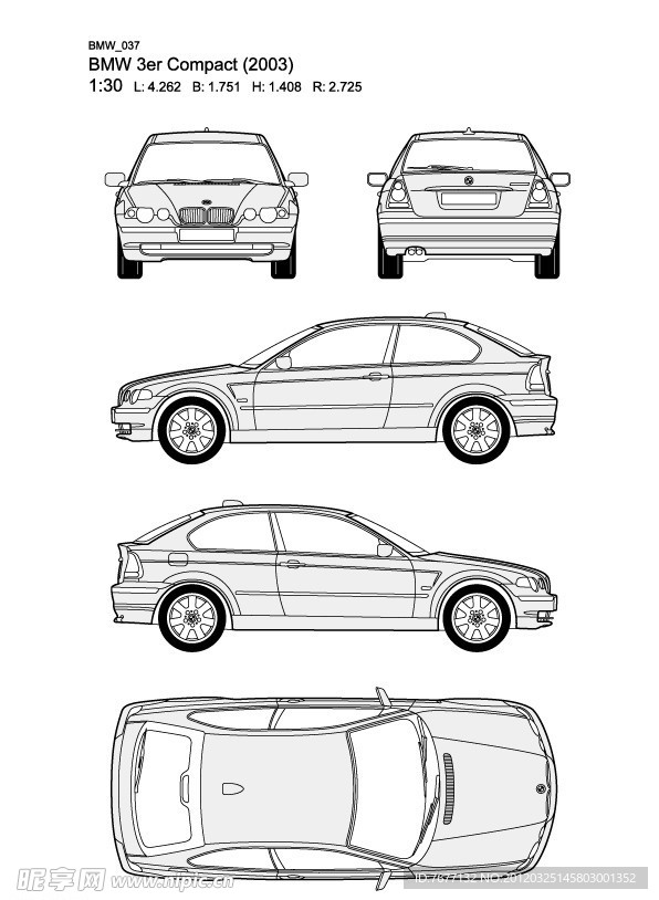 宝马3系 BMW 3er Compact(2003)汽车线稿图片