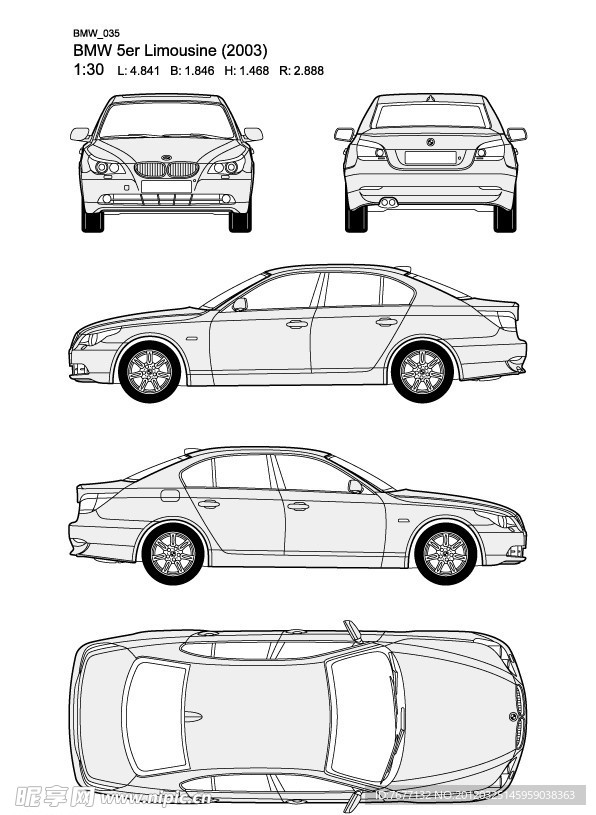 宝马5系 BMW 5er Limousine(2003)汽车线稿图片