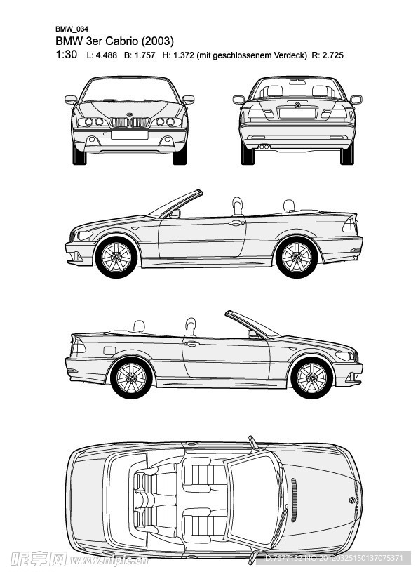 宝马3系 BMW 3er Cabrio(2003)汽车线稿图片