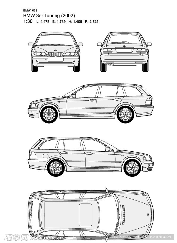 宝马3系 BMW 3er Touring(2002)汽车线稿图片
