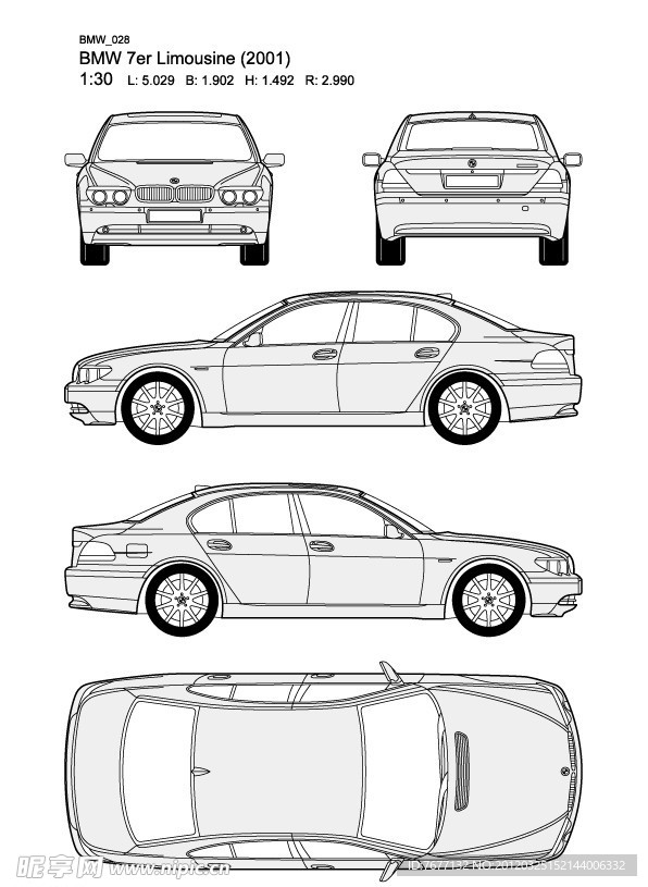 宝马7系 BMW 7er Limousine(2001)汽车线稿图片