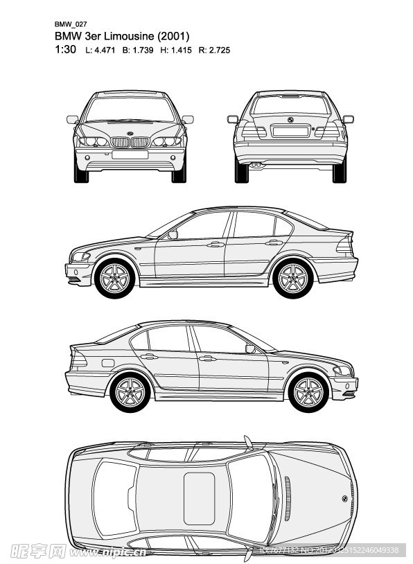 宝马3系 BMW 3er Limousine(2001)汽车线稿图片