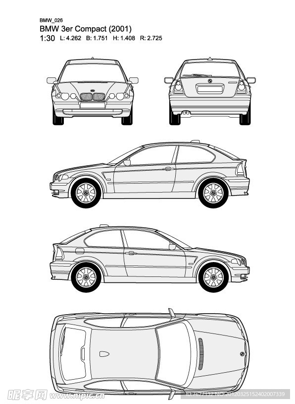 宝马3系 BMW 3er Compact(2001)汽车线稿图片