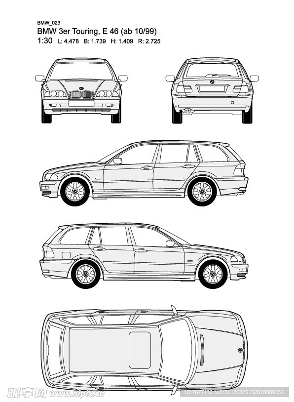 宝马3系 BMW 3er Touring E46(ab 10 99)汽车线稿图片