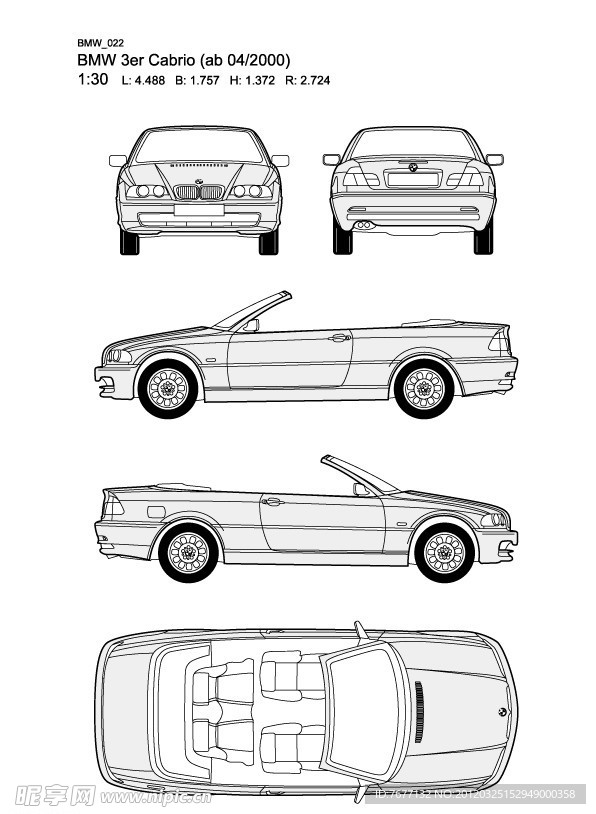 宝马3系 BMW 3er Cabrio(ab 04 2000)汽车线稿图片