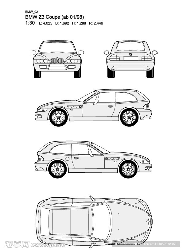 宝马 BMW Z3 Coupe(ab 01 98)汽车线稿图片