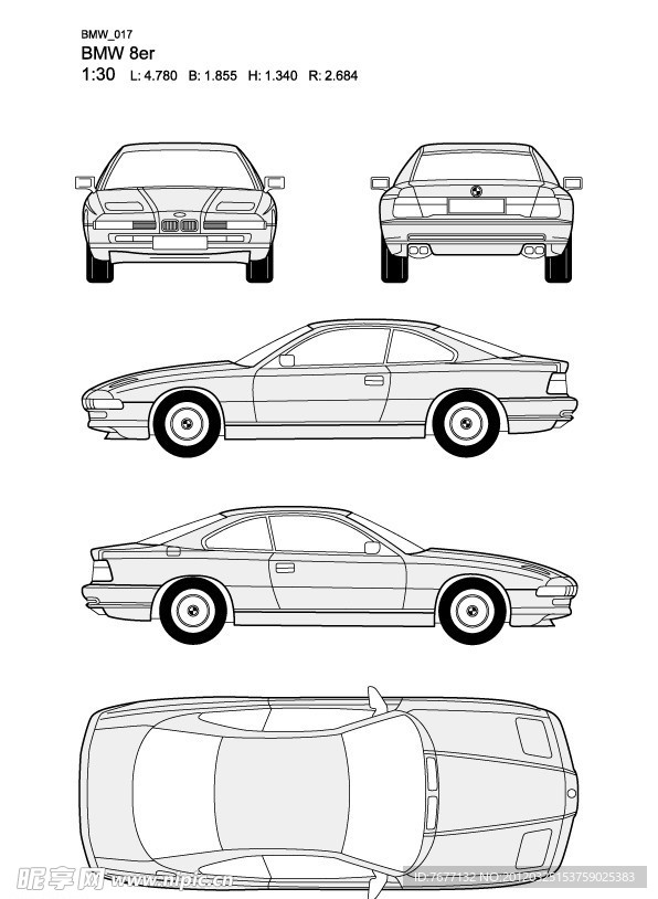 宝马8系 BMW 8er汽车线稿图片