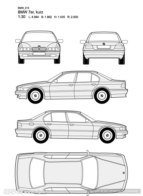 宝马7系 BMW 7er kurz汽车线稿图片