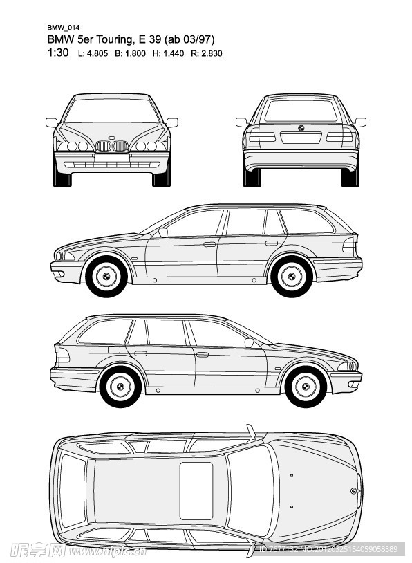 宝马5系 BMW 5er Touring E39(ab 03 97)汽车线稿图片