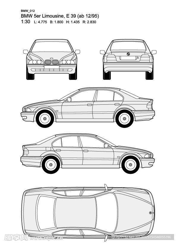 宝马5系 BMW 5er Limousine E39(ab 12 95)汽车线稿图片