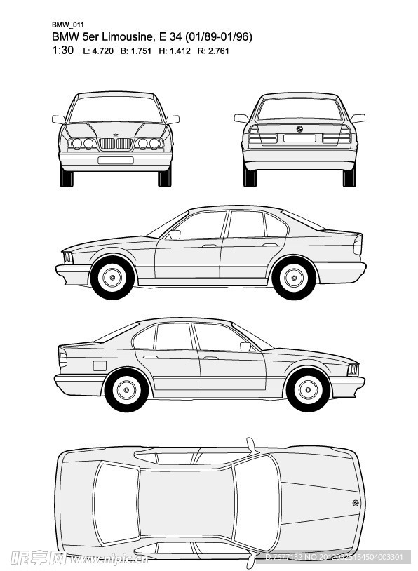 宝马5系 BMW 5er Limousine E34(01 89 01 96)汽车线稿图片