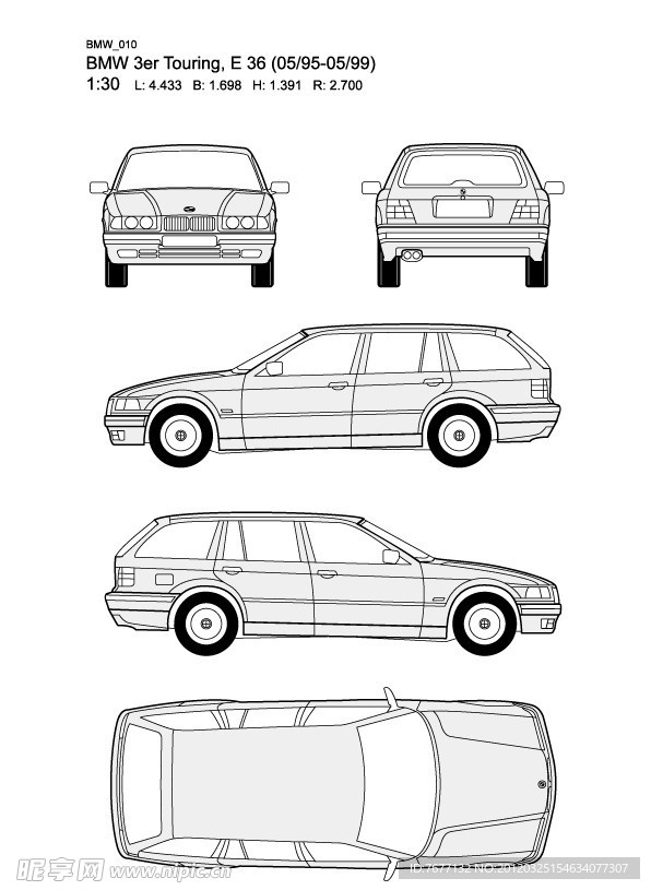 宝马3系 BMW 3er Touring E36(05 95 05 99)汽车线稿图片