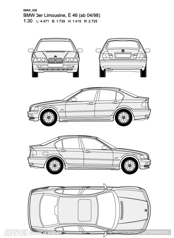 宝马3系 BMW 3er Limousine E46(ab 04 98)汽车线稿图片