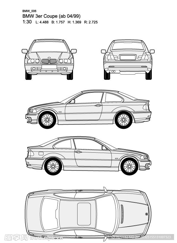 宝马3系 BMW 3er Coupe(ab 04 99)汽车线稿图片