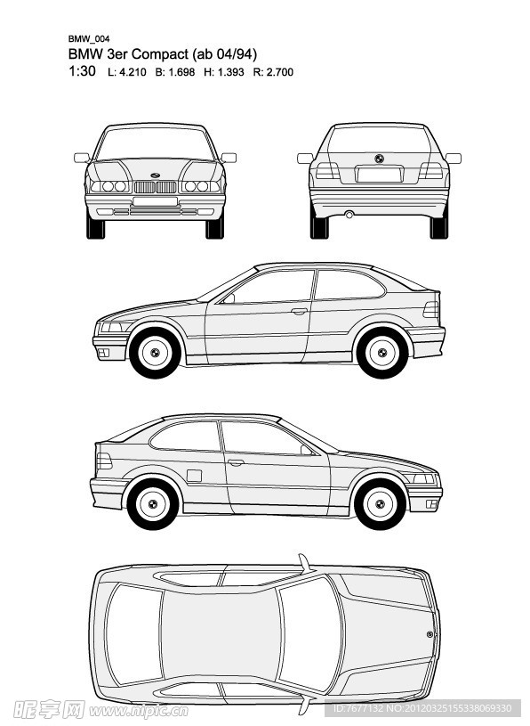 宝马3系 BMW 3er Compact(ab 04 94)汽车线稿图片