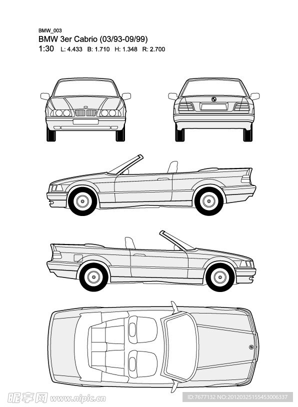 宝马3系 BMW 3er Cabrio(03 93 09 99)汽车线稿图片