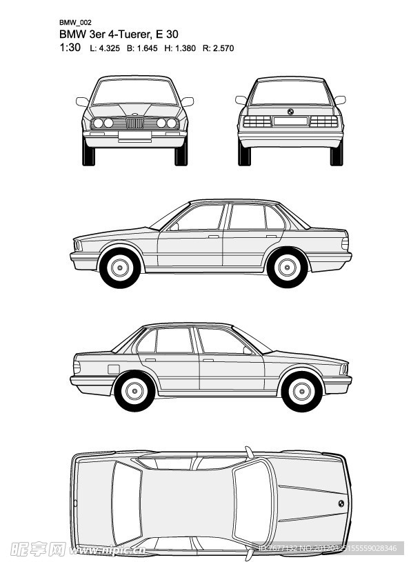 宝马3系 BMW 3er 4 Tuerer E30汽车线稿图片