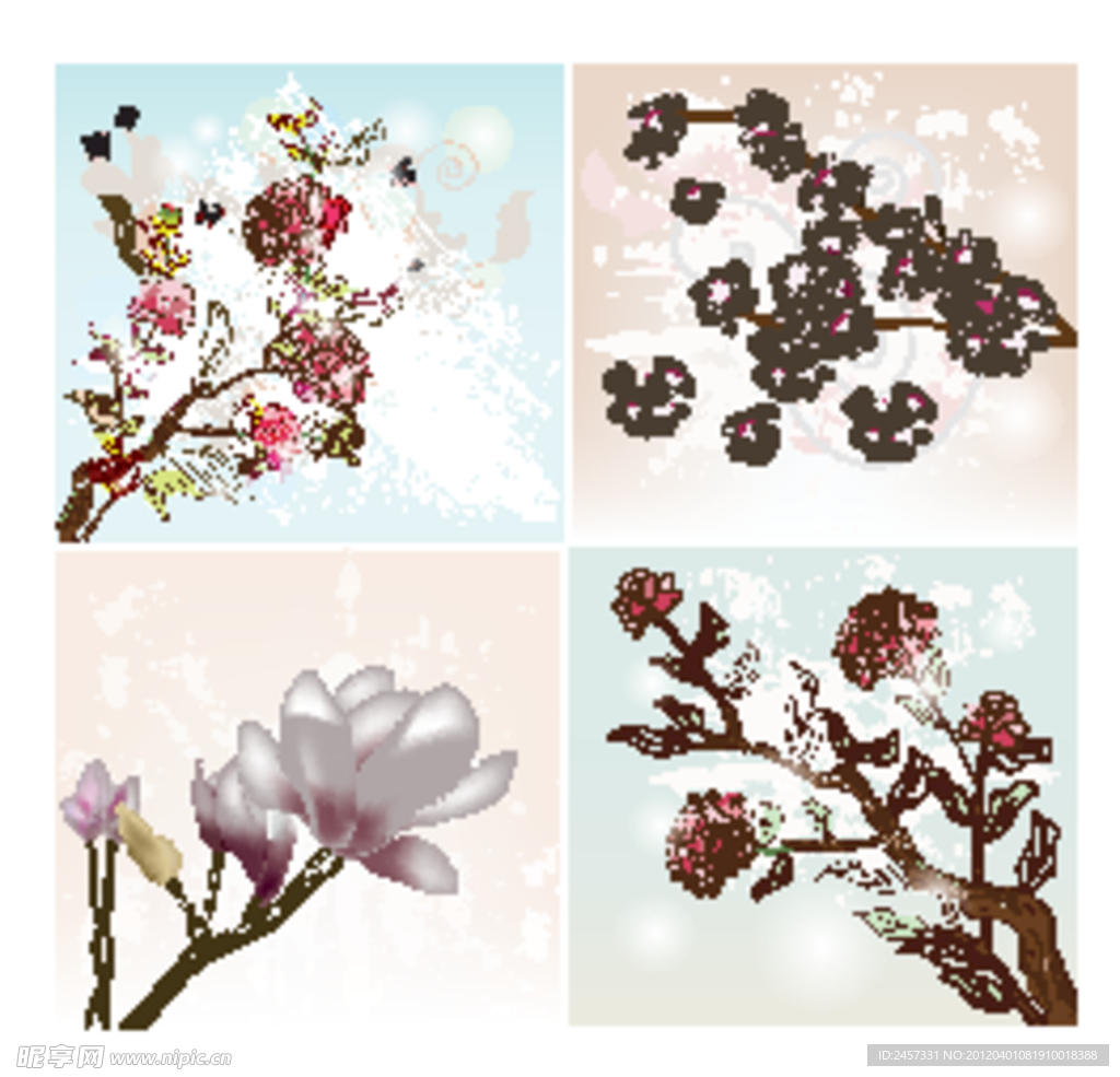 浪漫古典花纹花朵 树枝蝴蝶