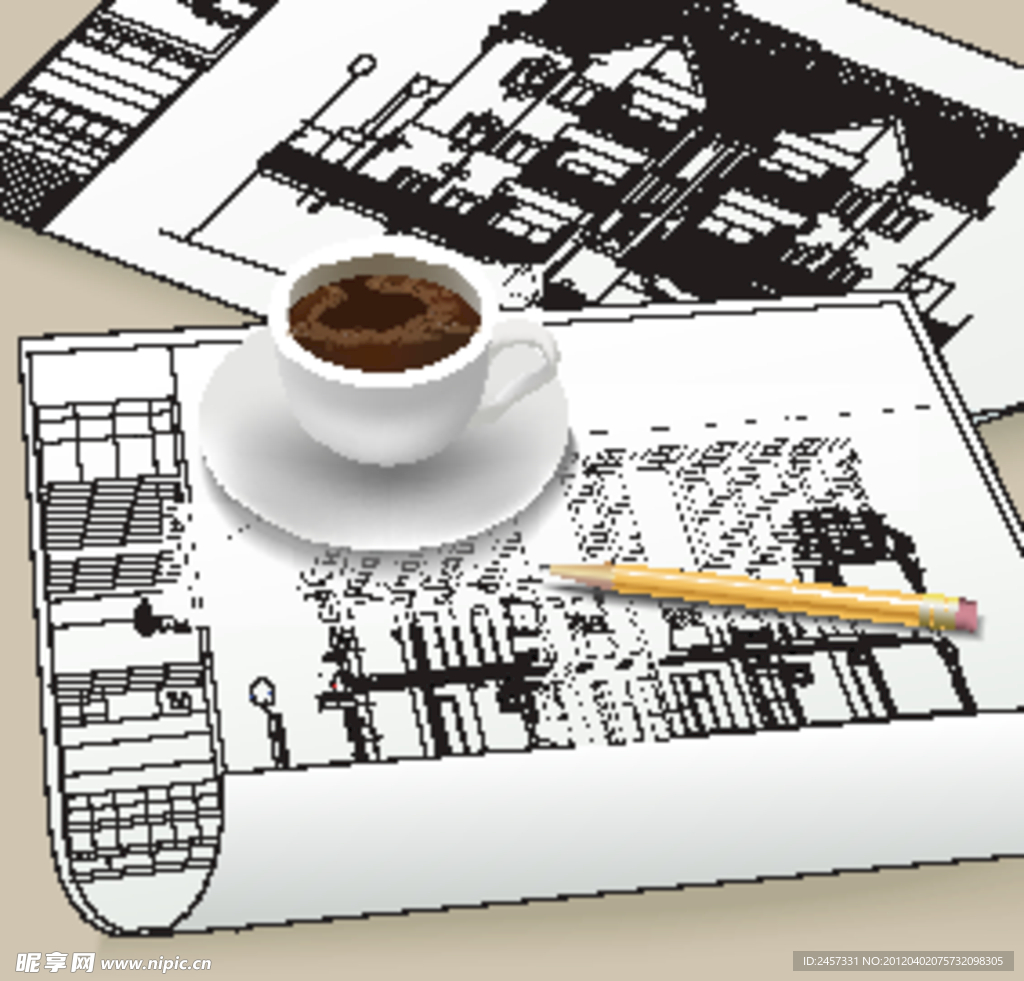 城市建筑别墅设计图和咖啡