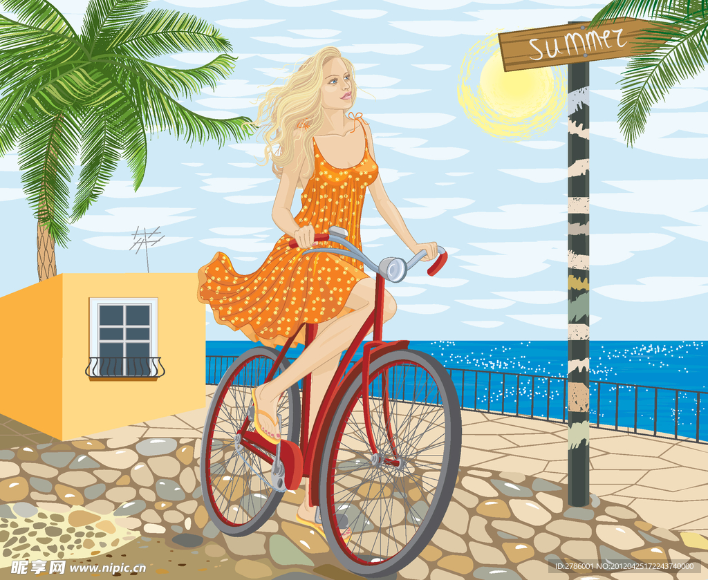 夏日骑自行车的美女