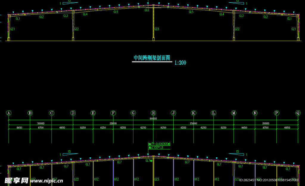 230×90米钢构厂房 中间跨 边跨刚架剖面图