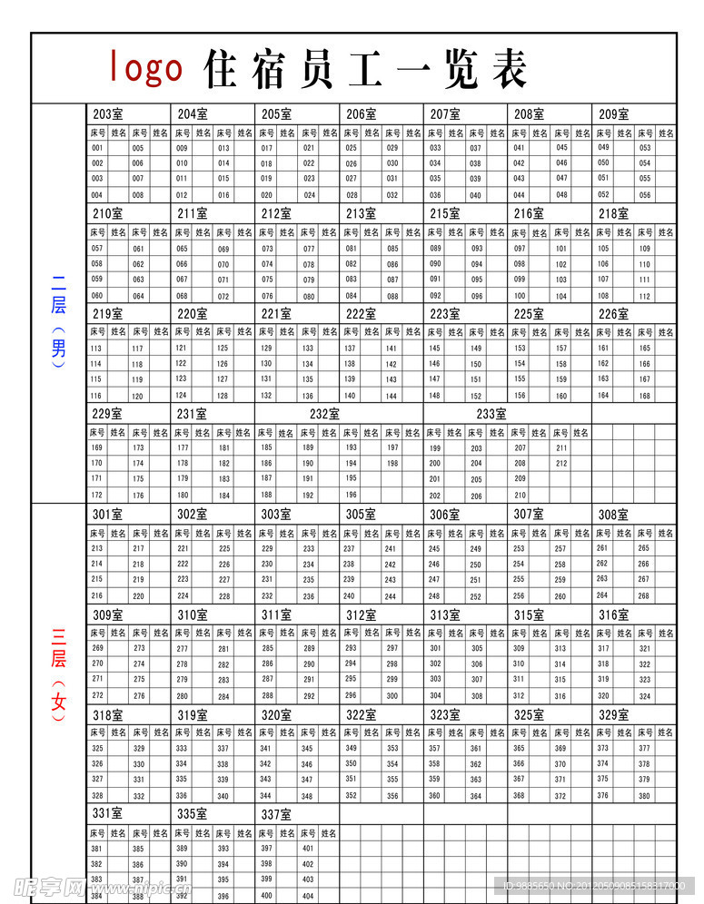 住宿 一览表