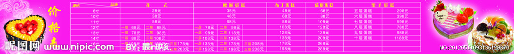 蛋糕价格表