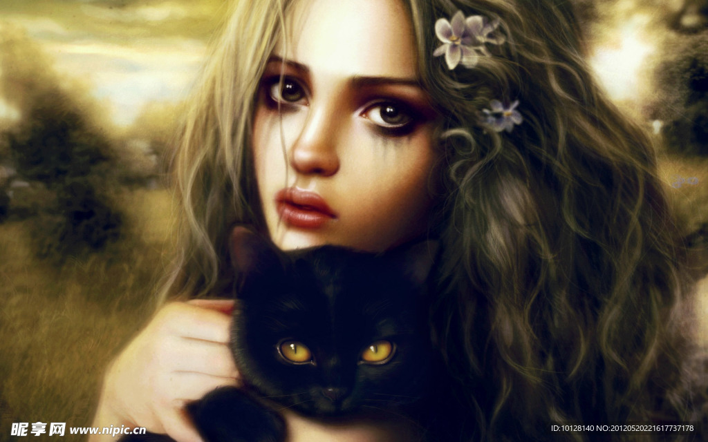 美女抱着猫咪的壁纸