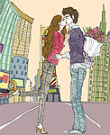 卡通男女城市景观漫画