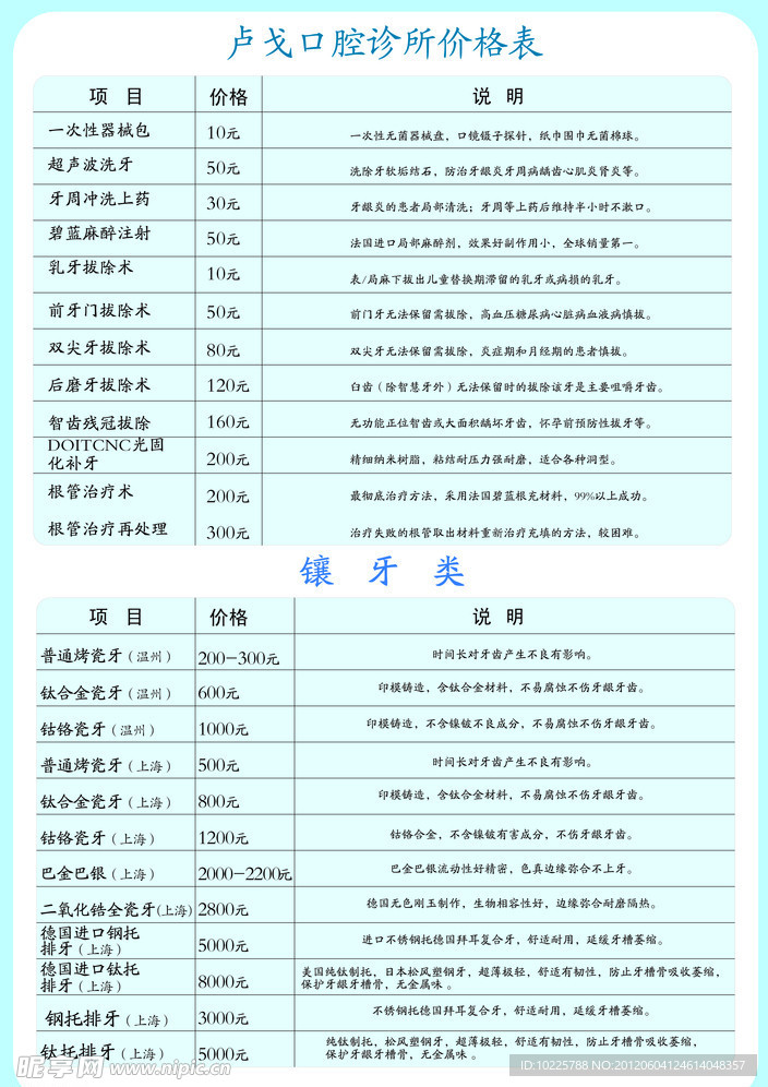 口腔价格表