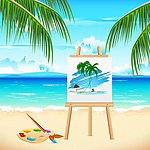 绘画沙滩夏日风景