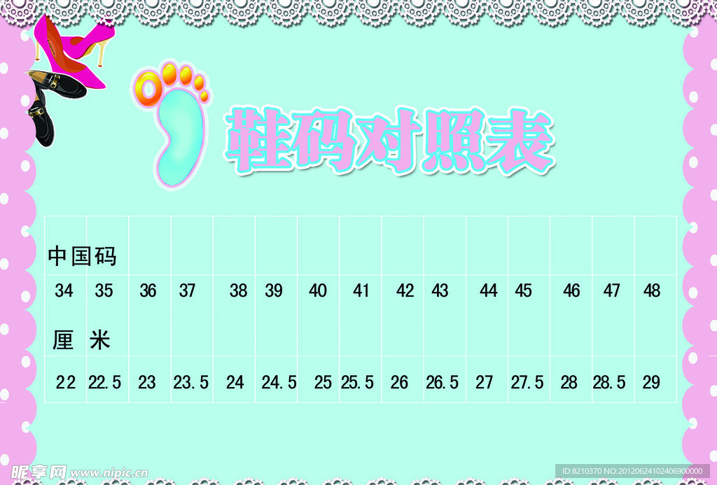 鞋码对照表