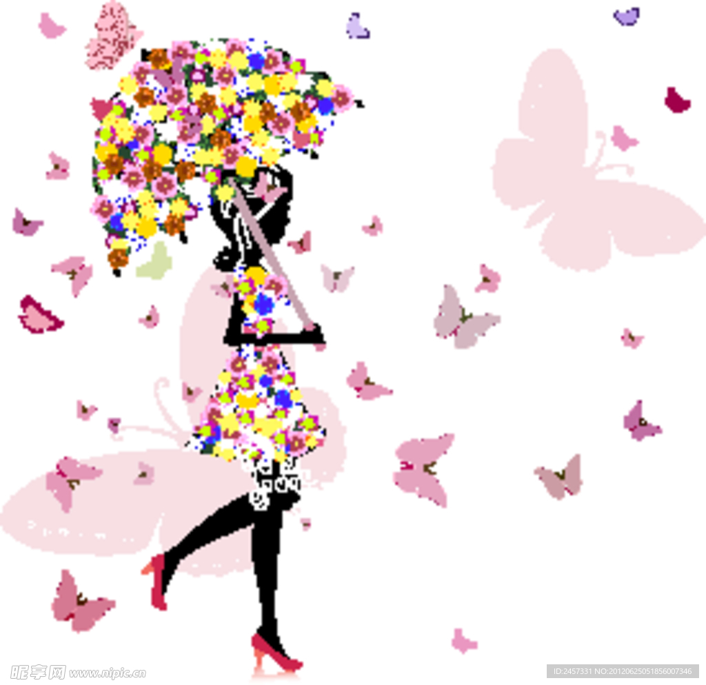 打着花纹雨伞漫步在蝴蝶中的美女