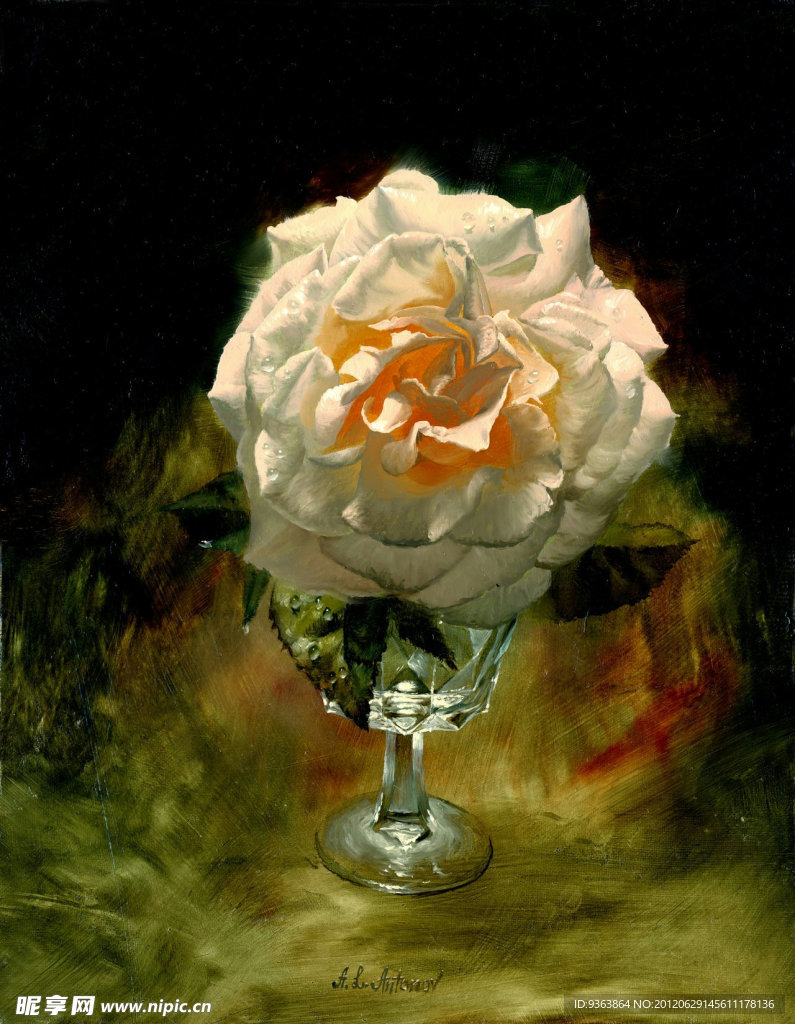 白玫瑰玻璃杯油画