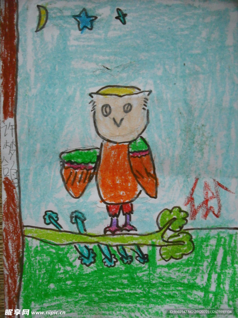 儿童蜡笔画猫头鹰
