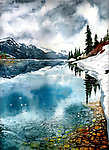 油画 雪山湖泊