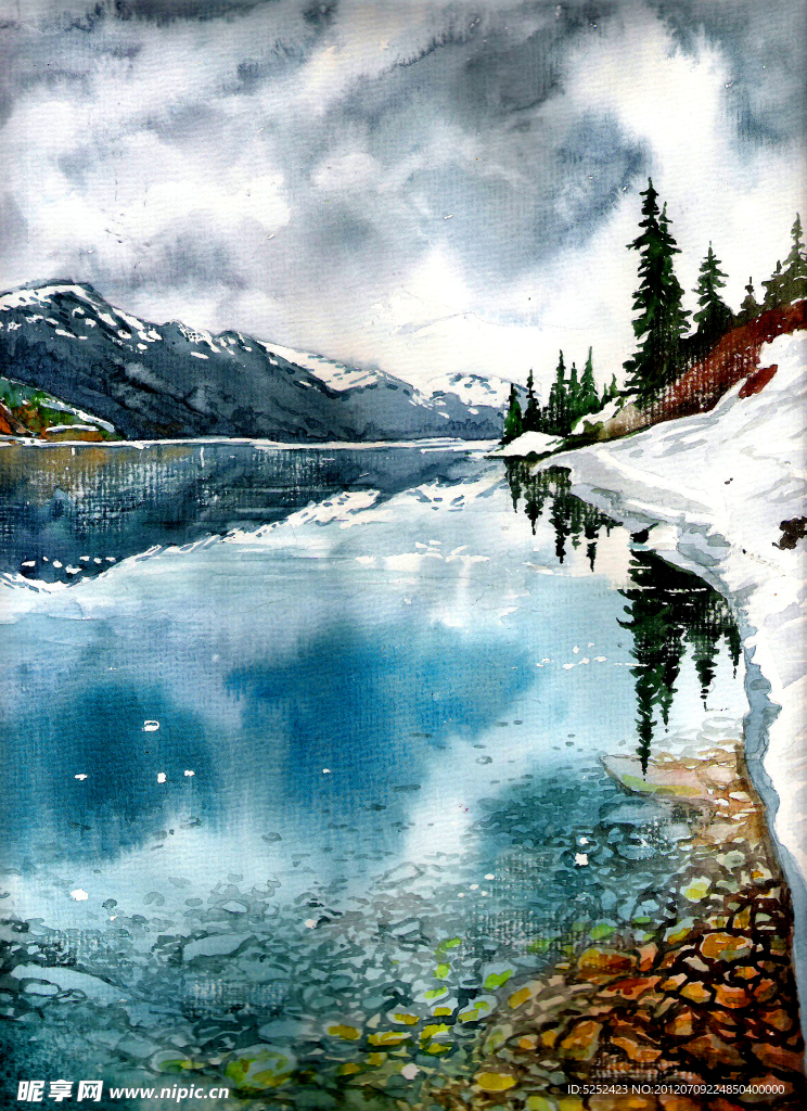 油画 雪山湖泊
