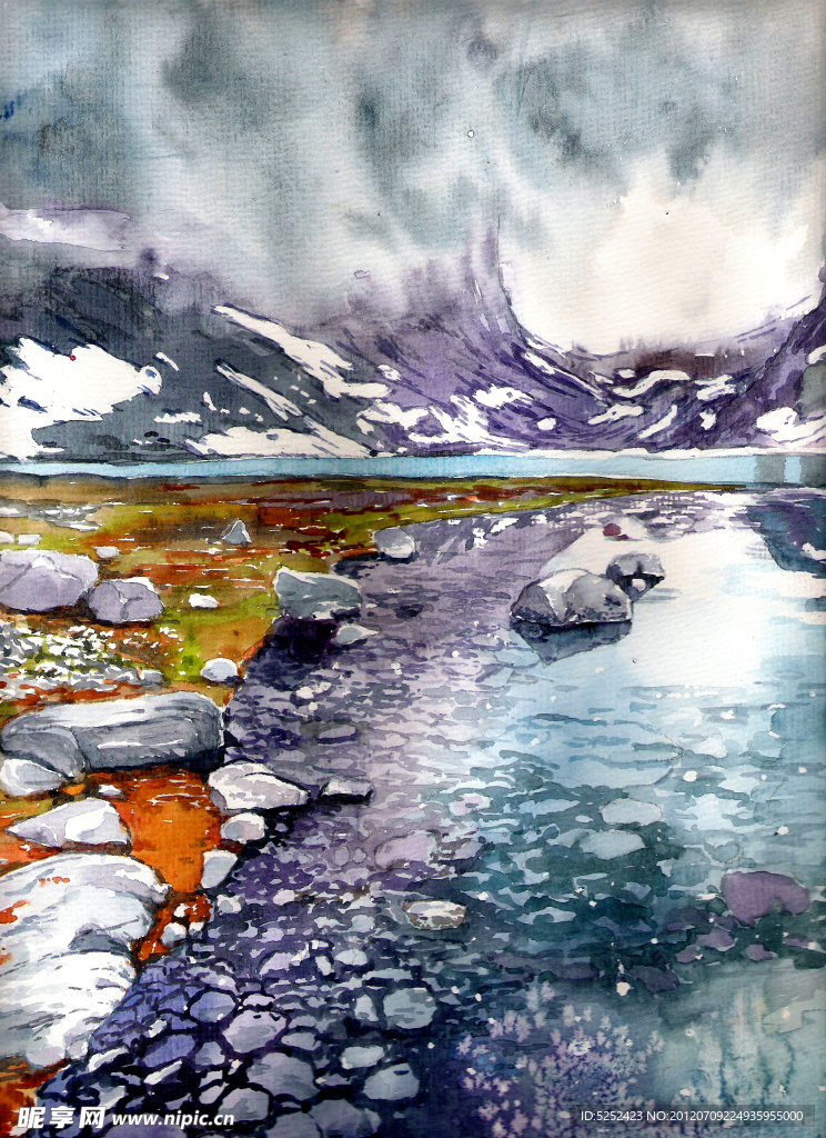 油画 雪山湖泊