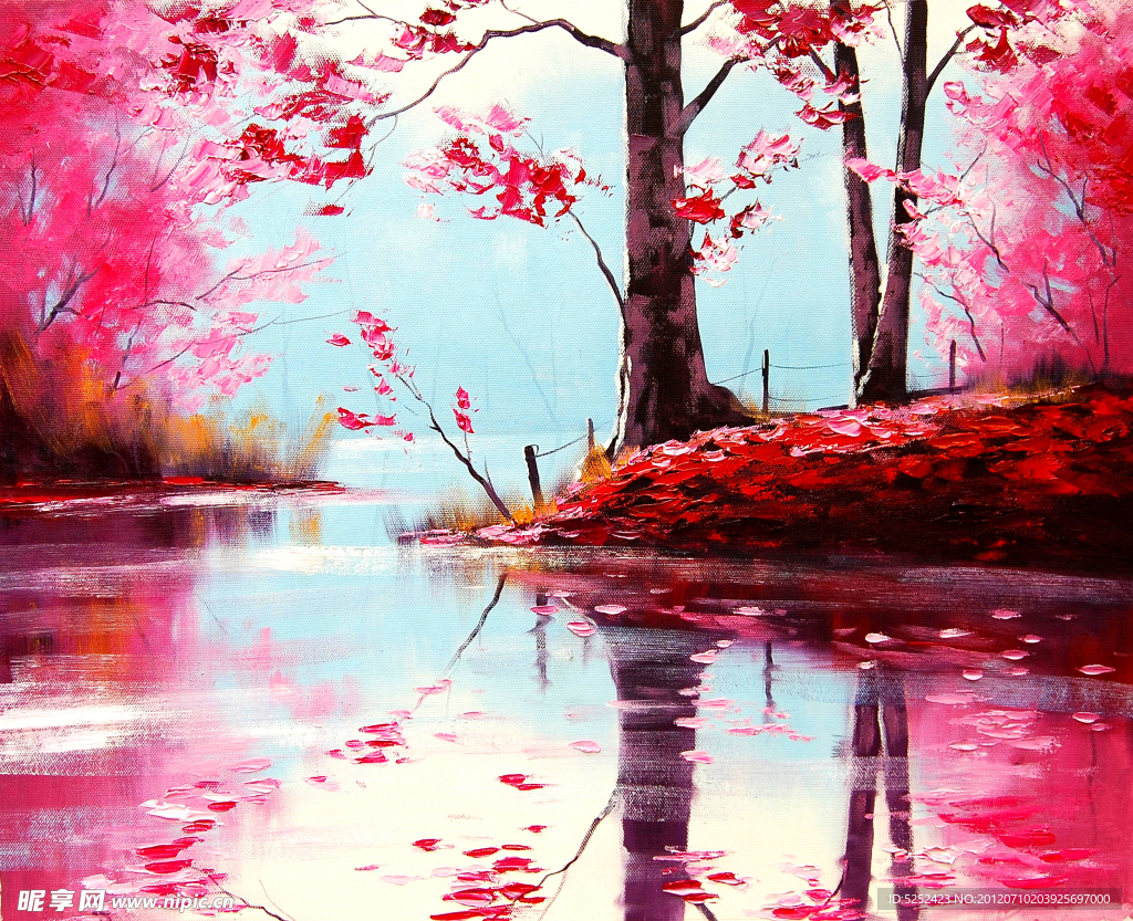 油画 秋日湖水