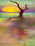 油画 海滩枯树