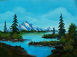 油画 雪山湖泊