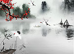 红梅仙鹤图 江南水景