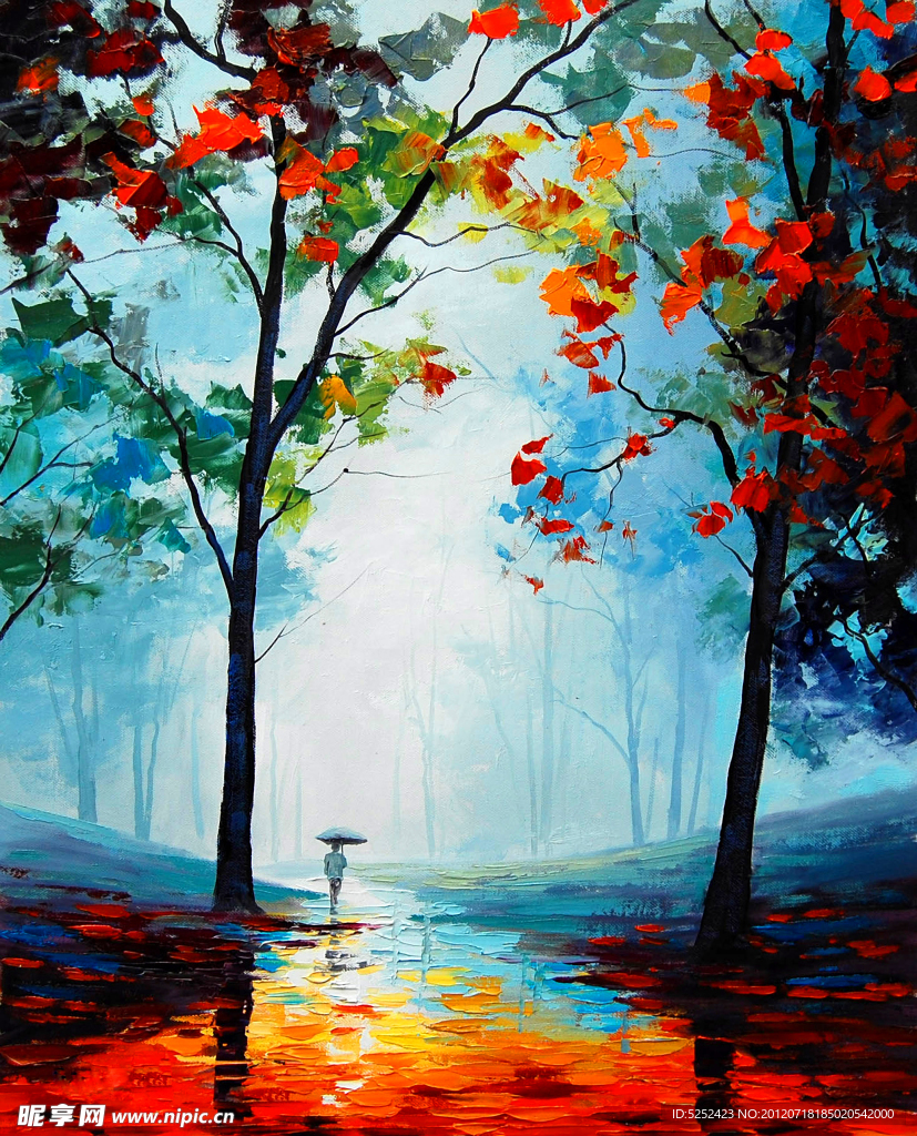 油画 秋日雨景