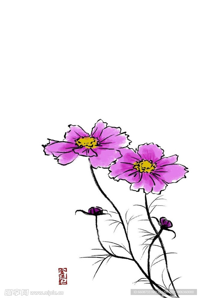 鲜花植物水墨画