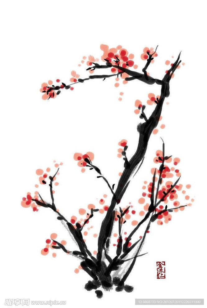 鲜花梅花水墨画