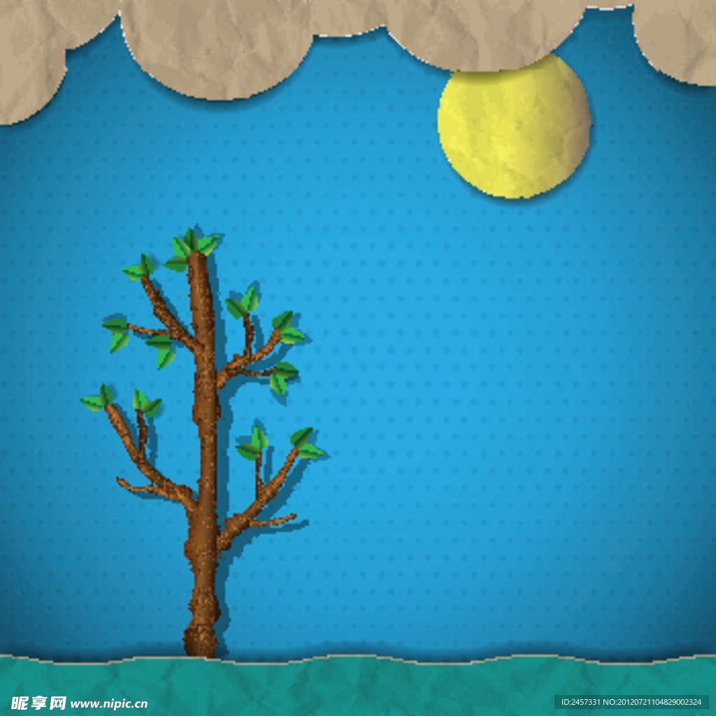 剪纸绿树圆月风景