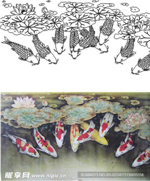 艺术玻璃矢量图 九鱼图 刻绘图