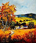 油画 深秋山村