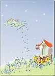 空中楼阁 落花 落叶 小房子 草地 卡通