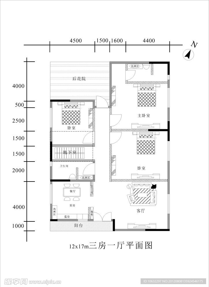 三房一厅平面图